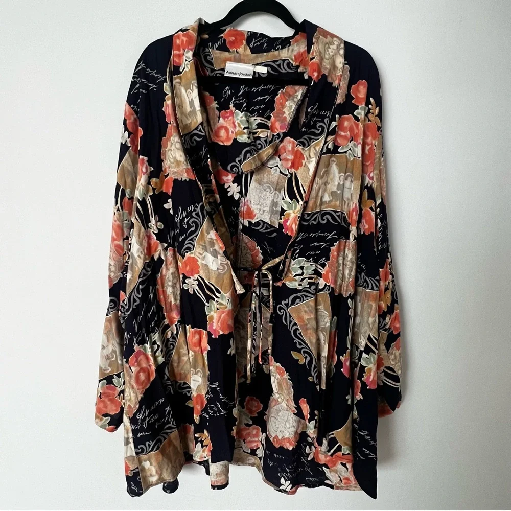 Vintage 90s Y2K Adrian Jordan Front Tie Floral Tie Front Kimono - Picture 4 of 8